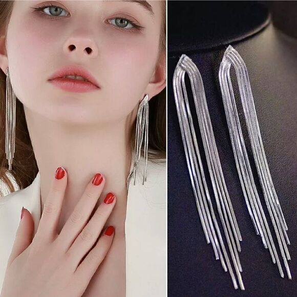 Beautiful Silver Tassel Drop Dangle Earrings - Picture 2 of 3